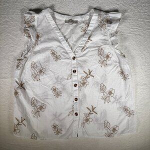 Women's Loft White XL‎ Cap Sleeve Button Down Ruffle Blouse, Floral Embroidered